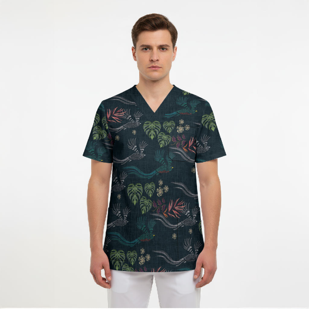 Guatemala Quetzal Bird Pattern Scrub Top Embroidery Effect
