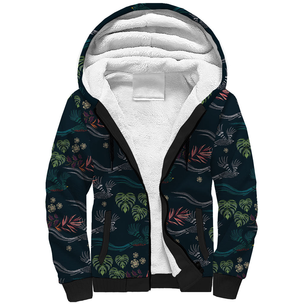 Guatemala Quetzal Bird Pattern Sherpa Hoodie Embroidery Effect