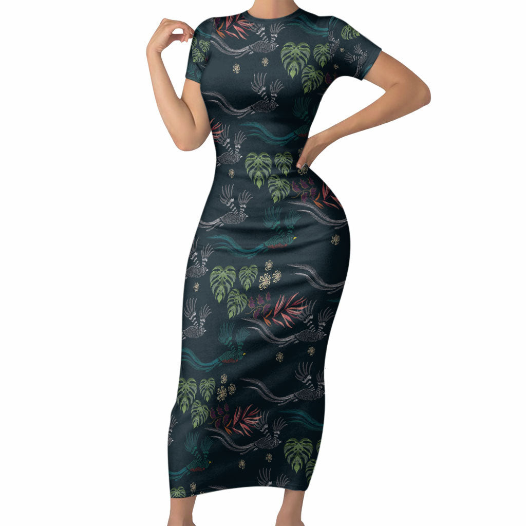 Guatemala Quetzal Bird Pattern Short Sleeve Bodycon Dress Embroidery Effect