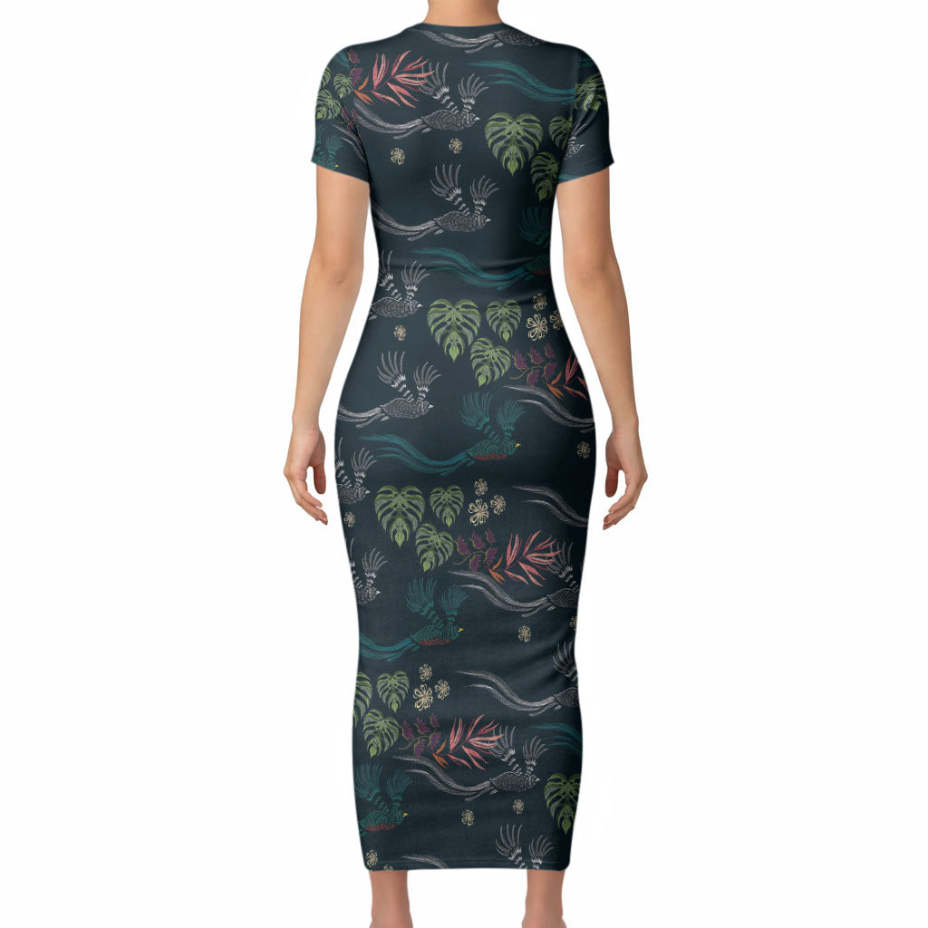 Guatemala Quetzal Bird Pattern Short Sleeve Bodycon Dress Embroidery Effect