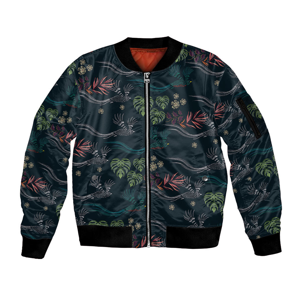 Guatemala Quetzal Bird Pattern Sleeve Zip Bomber Jacket Embroidery Effect