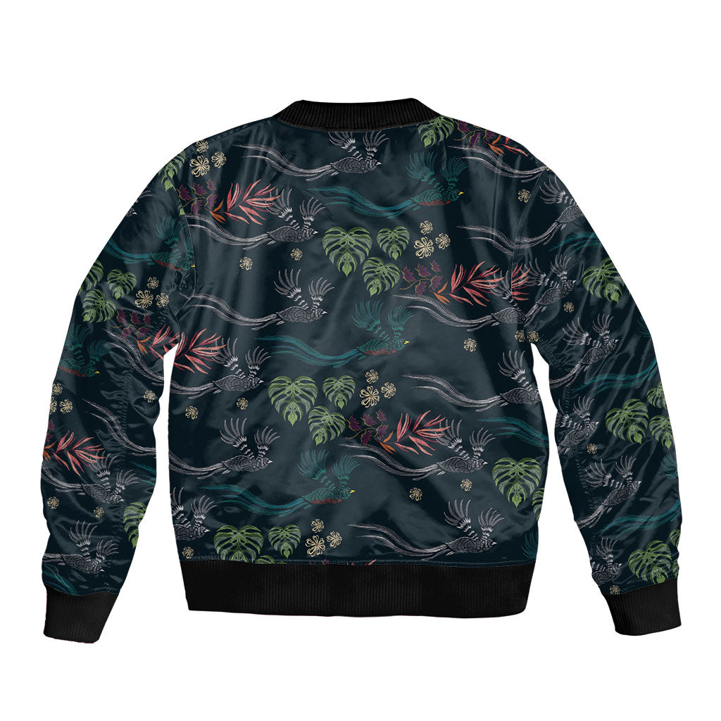 Guatemala Quetzal Bird Pattern Sleeve Zip Bomber Jacket Embroidery Effect