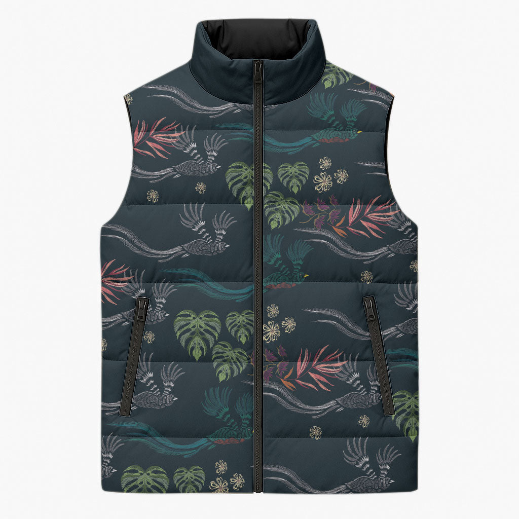 Guatemala Quetzal Bird Pattern Sleeveless Puffer Jacket Embroidery Effect