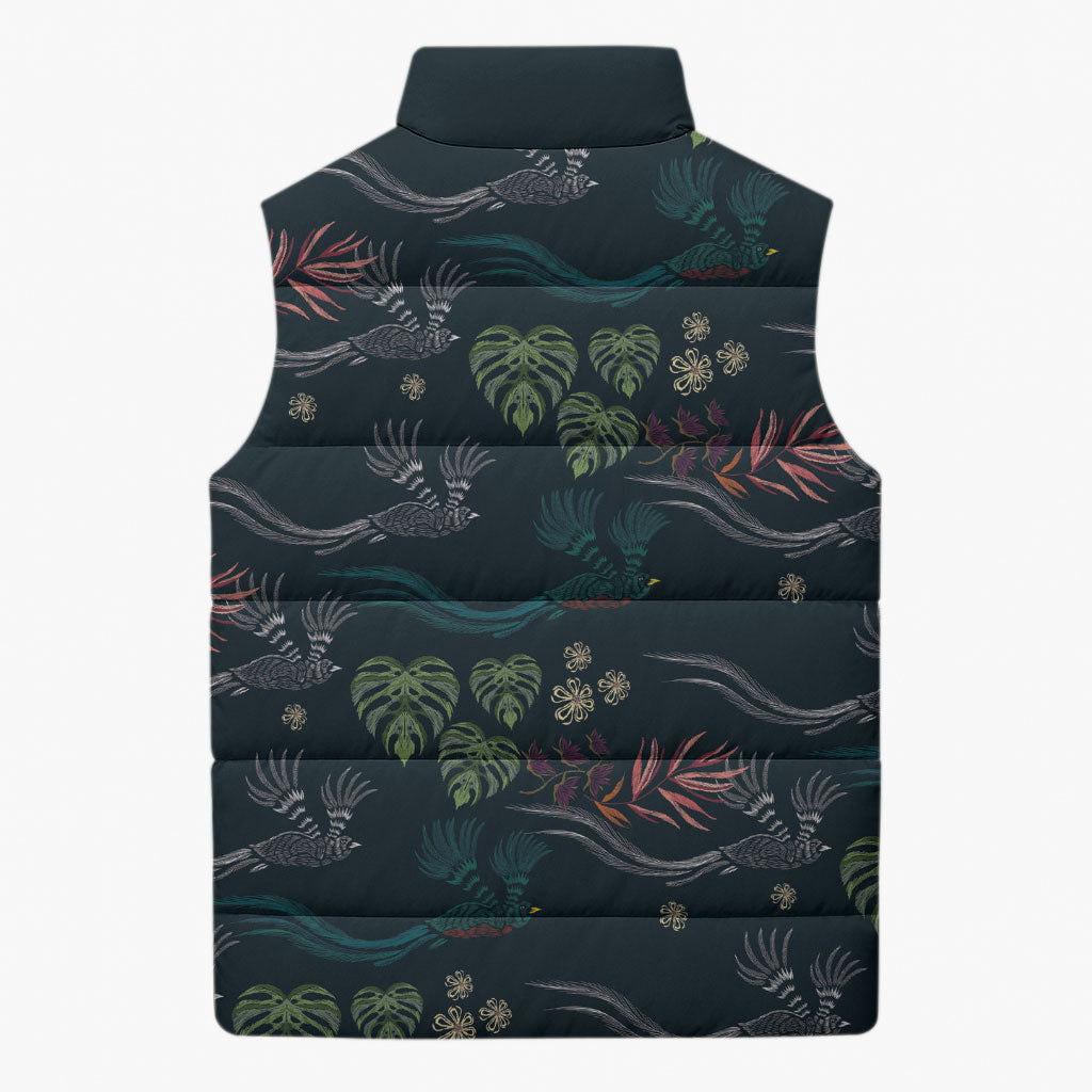 Guatemala Quetzal Bird Pattern Sleeveless Puffer Jacket Embroidery Effect