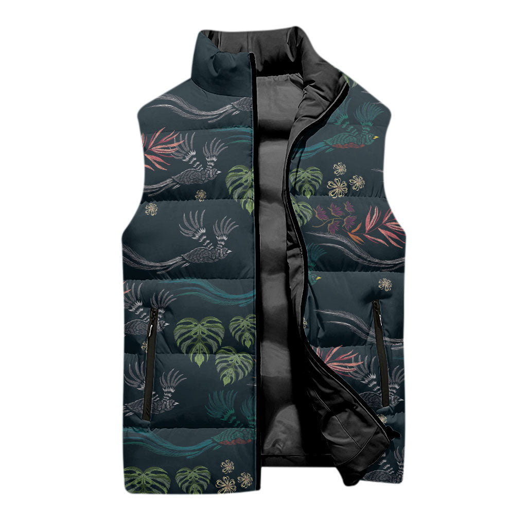 Guatemala Quetzal Bird Pattern Sleeveless Puffer Jacket Embroidery Effect