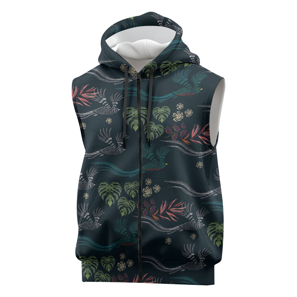 Guatemala Quetzal Bird Pattern Sleeveless Zip Hoodie Embroidery Effect