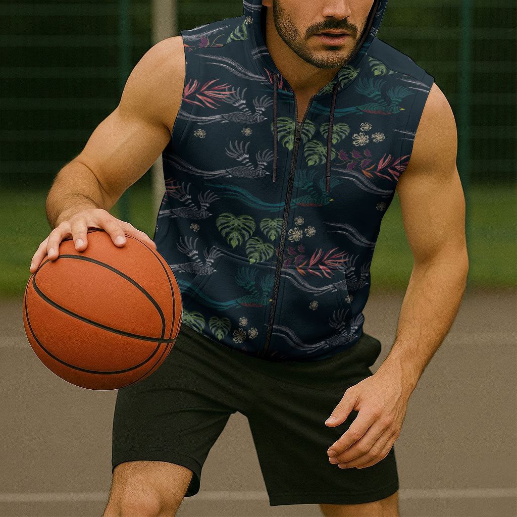 Guatemala Quetzal Bird Pattern Sleeveless Zip Hoodie Embroidery Effect