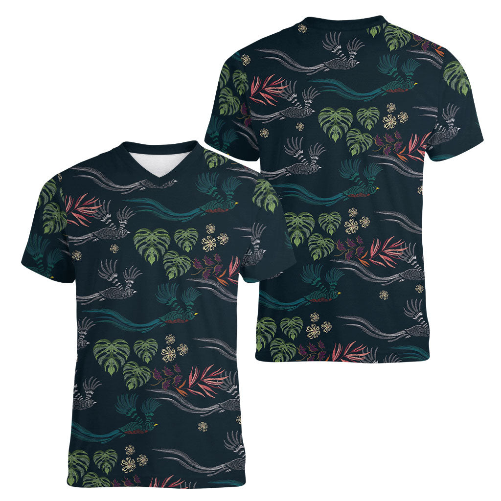 Guatemala Quetzal Bird Pattern Women V-Neck T-Shirt Embroidery Effect