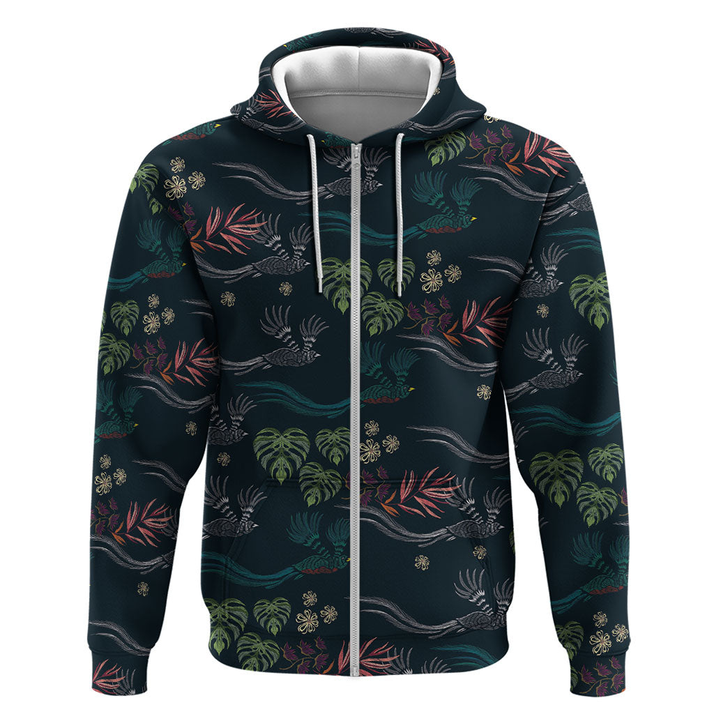 Guatemala Quetzal Bird Pattern Zip Hoodie Embroidery Effect