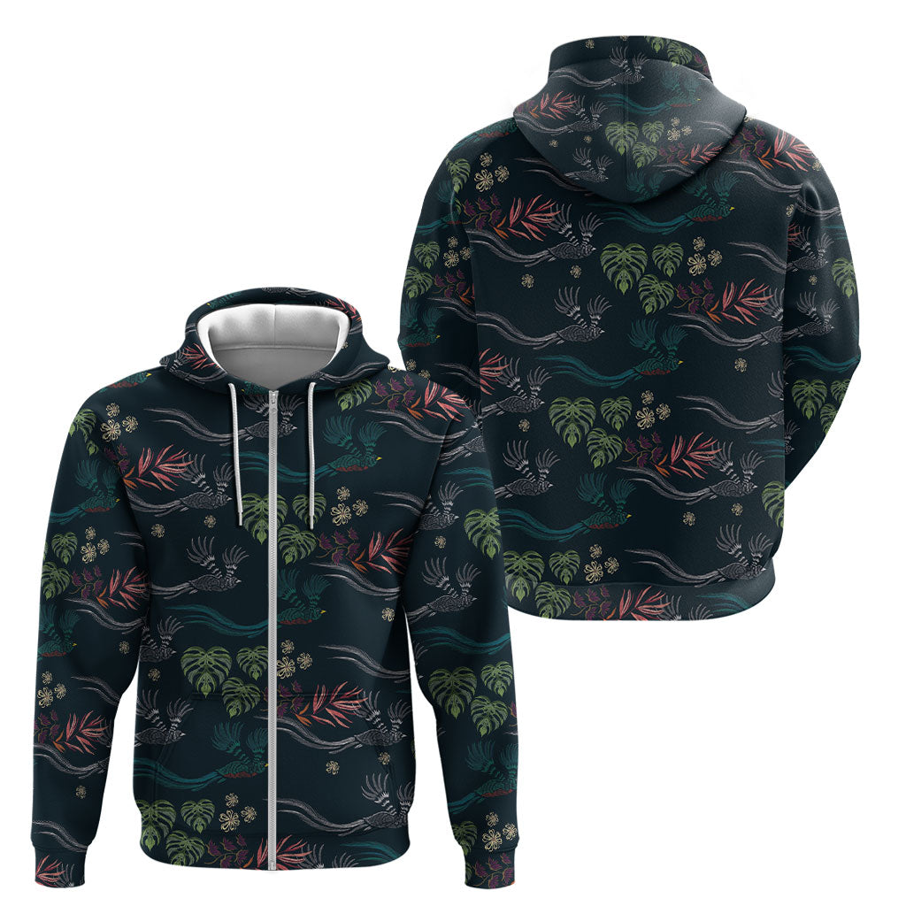 Guatemala Quetzal Bird Pattern Zip Hoodie Embroidery Effect