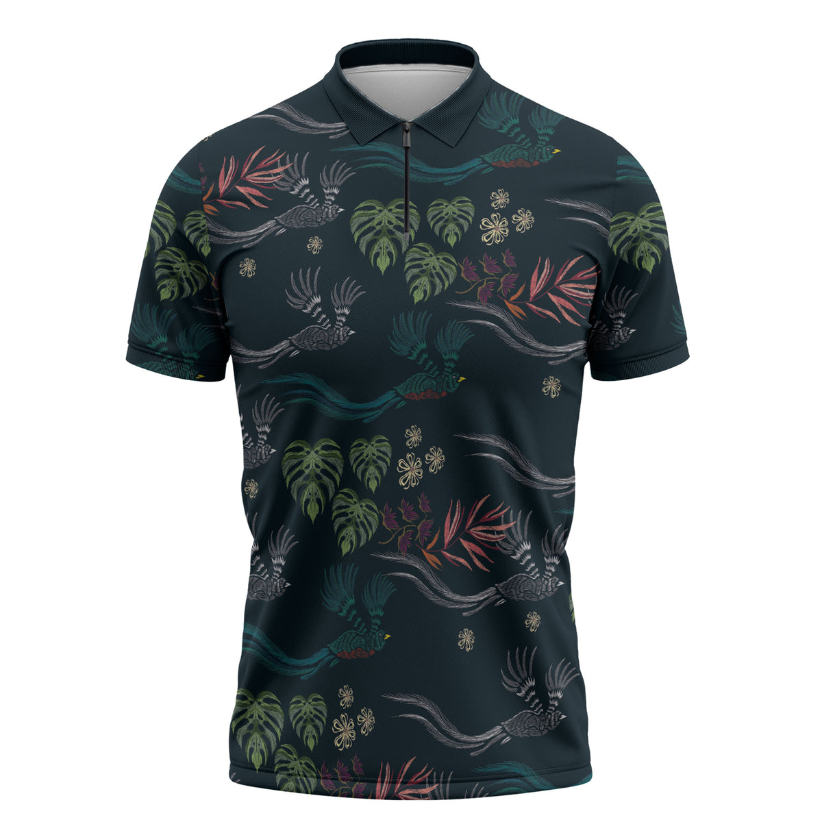 Guatemala Quetzal Bird Pattern Zipper Polo Shirt Embroidery Effect