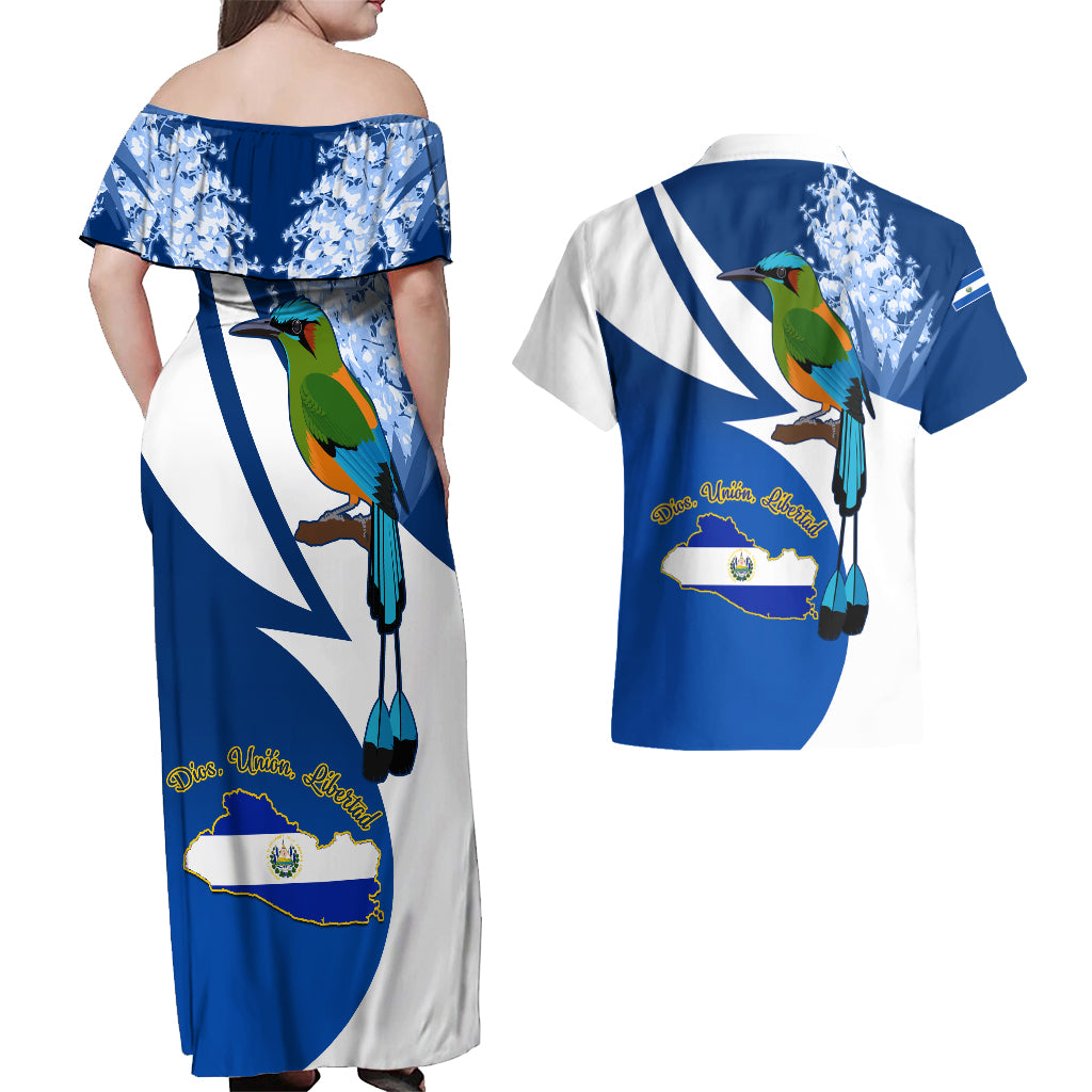 El Salvador Independence Day Couples Matching Off Shoulder Maxi Dress and Hawaiian Shirt Motmot With Flor De Izote - Wonder Print Shop