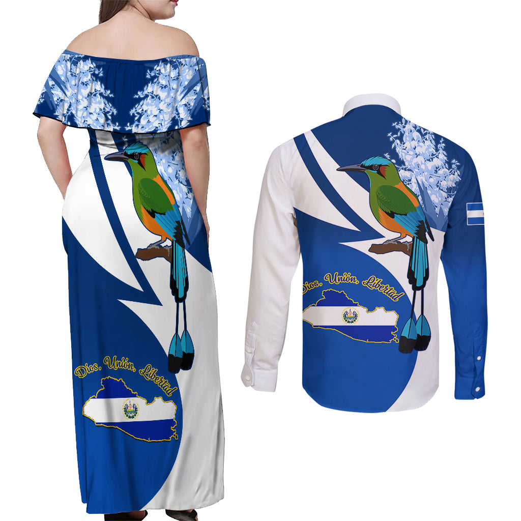 El Salvador Independence Day Couples Matching Off Shoulder Maxi Dress and Long Sleeve Button Shirts Motmot With Flor De Izote - Wonder Print Shop