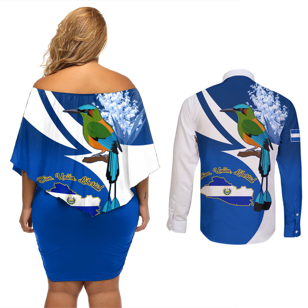 El Salvador Independence Day Couples Matching Off Shoulder Short Dress and Long Sleeve Button Shirts Motmot With Flor De Izote - Wonder Print Shop