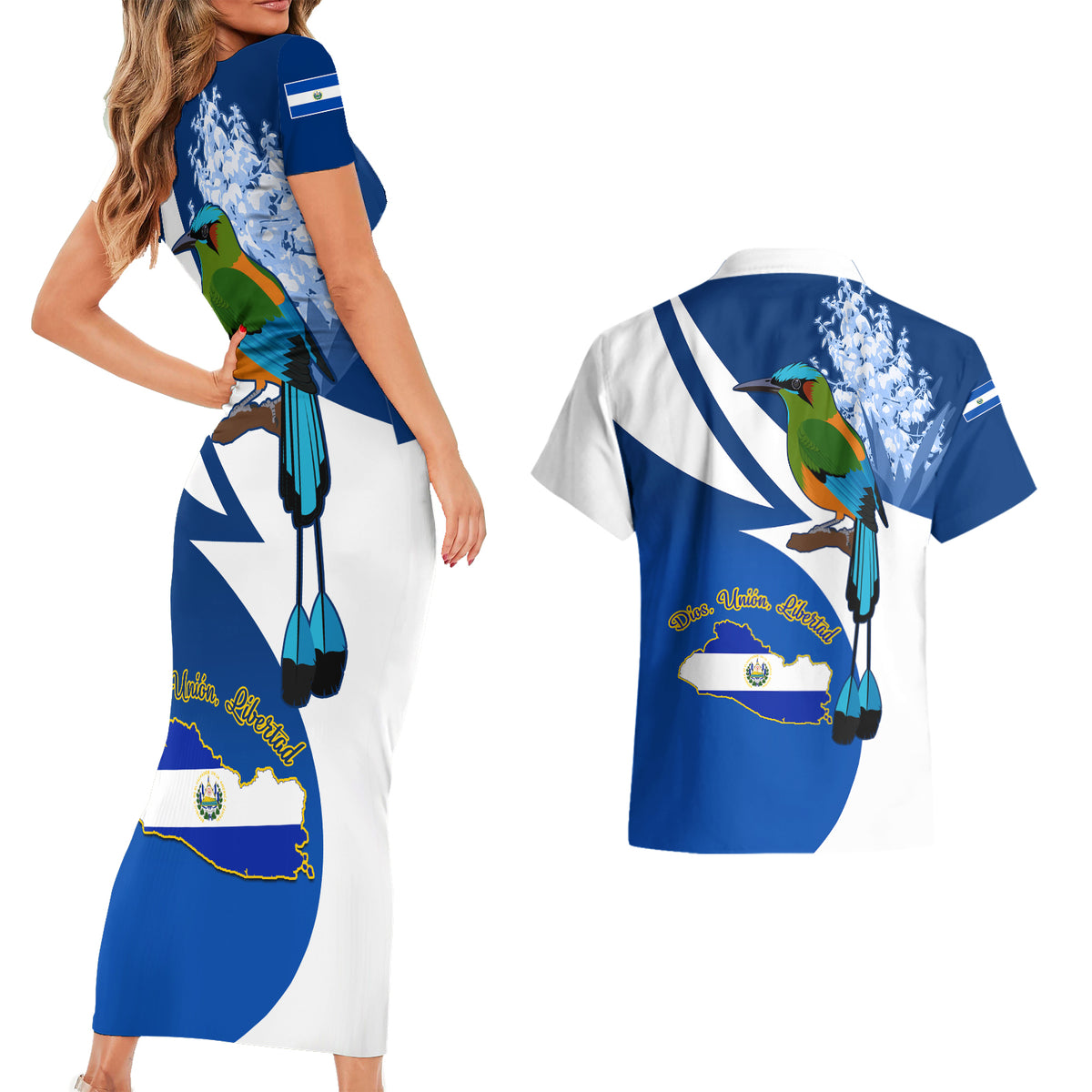 El Salvador Independence Day Couples Matching Short Sleeve Bodycon Dress and Hawaiian Shirt Motmot With Flor De Izote - Wonder Print Shop