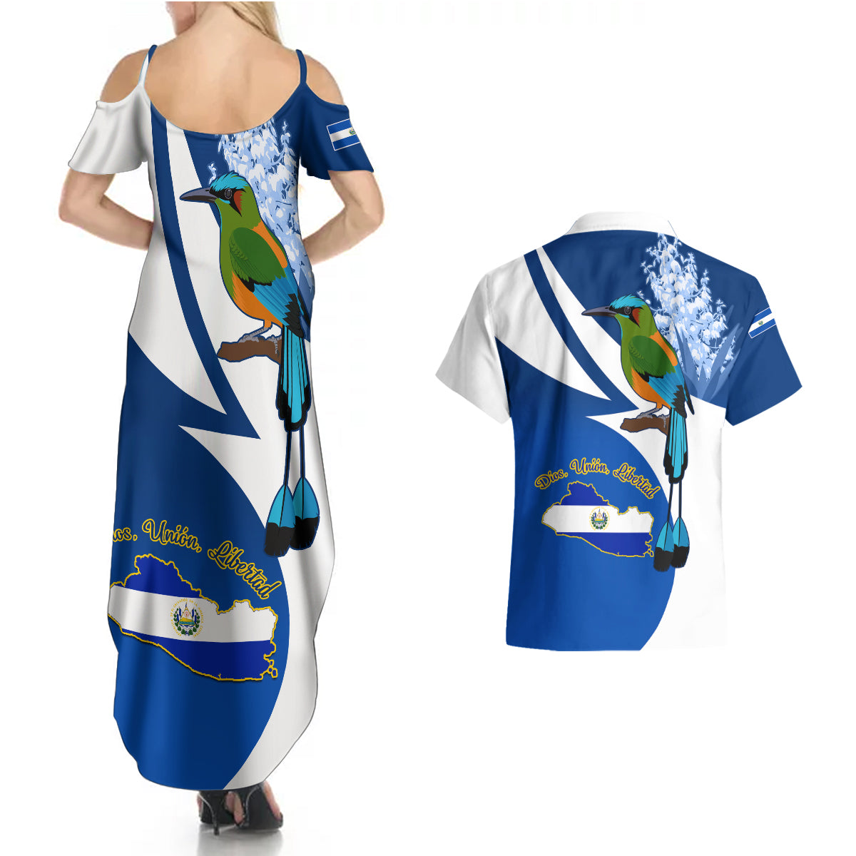 El Salvador Independence Day Couples Matching Summer Maxi Dress and Hawaiian Shirt Motmot With Flor De Izote - Wonder Print Shop