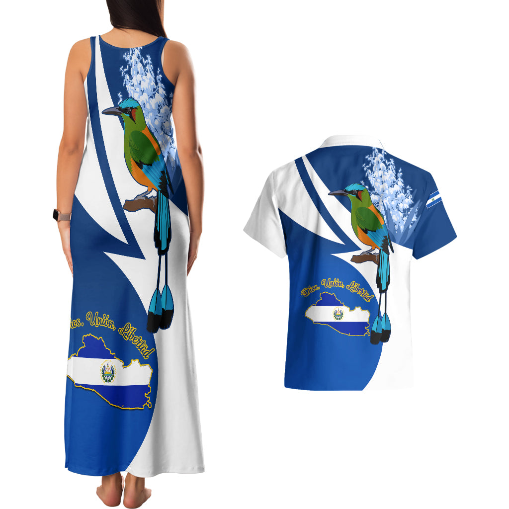 El Salvador Independence Day Couples Matching Tank Maxi Dress and Hawaiian Shirt Motmot With Flor De Izote - Wonder Print Shop