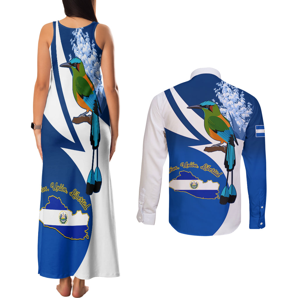 El Salvador Independence Day Couples Matching Tank Maxi Dress and Long Sleeve Button Shirts Motmot With Flor De Izote - Wonder Print Shop