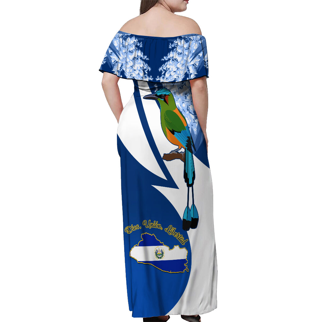 El Salvador Independence Day Off Shoulder Maxi Dress Motmot With Flor De Izote - Wonder Print Shop