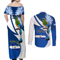Personalised El Salvador Independence Day Couples Matching Off Shoulder Maxi Dress and Long Sleeve Button Shirts Motmot With Flor De Izote - Wonder Print Shop