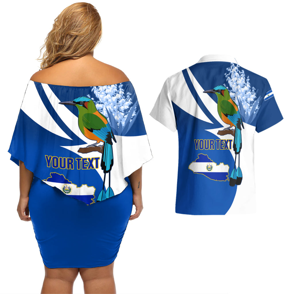 Personalised El Salvador Independence Day Couples Matching Off Shoulder Short Dress and Hawaiian Shirt Motmot With Flor De Izote - Wonder Print Shop