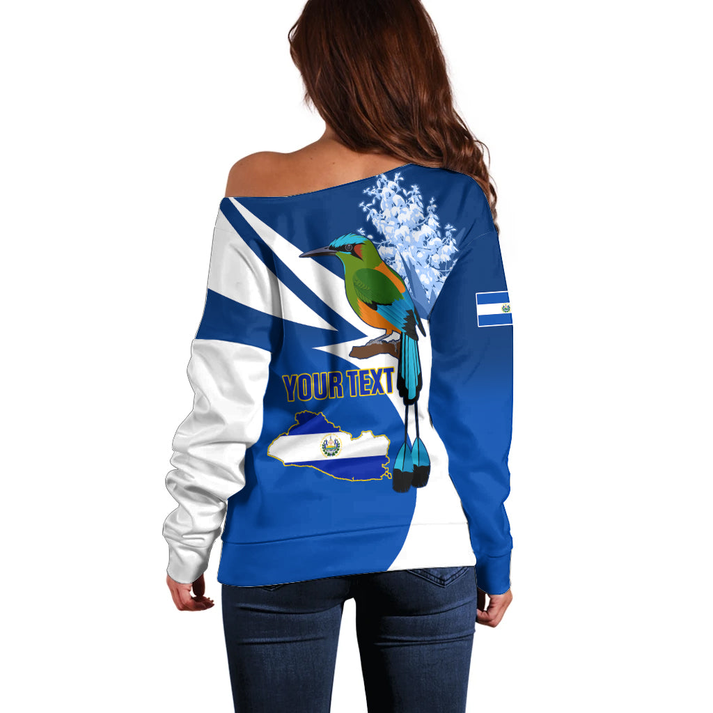 Personalised El Salvador Independence Day Off Shoulder Sweater Motmot With Flor De Izote - Wonder Print Shop