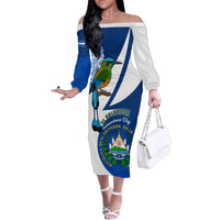 Personalised El Salvador Independence Day Off The Shoulder Long Sleeve Dress Motmot With Flor De Izote - Wonder Print Shop