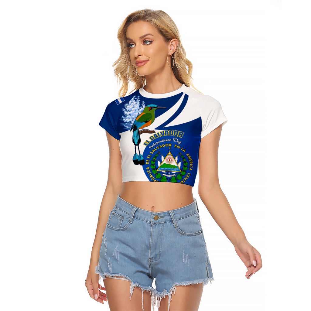 Personalised El Salvador Independence Day Raglan Cropped T Shirt Motmot With Flor De Izote - Wonder Print Shop
