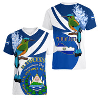 Personalised El Salvador Independence Day Women V Neck T Shirt Motmot With Flor De Izote - Wonder Print Shop