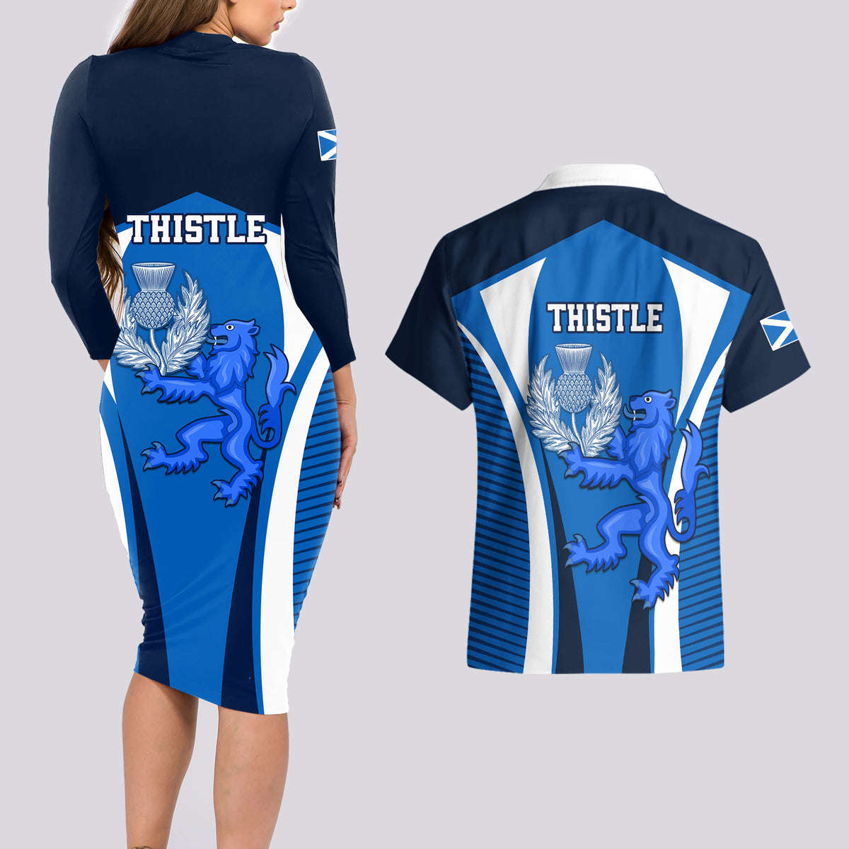 Scotland Rugby Couples Matching Long Sleeve Bodycon Dress and Hawaiian Shirt Thistle With Scottish Lion - Wonder Print Shop