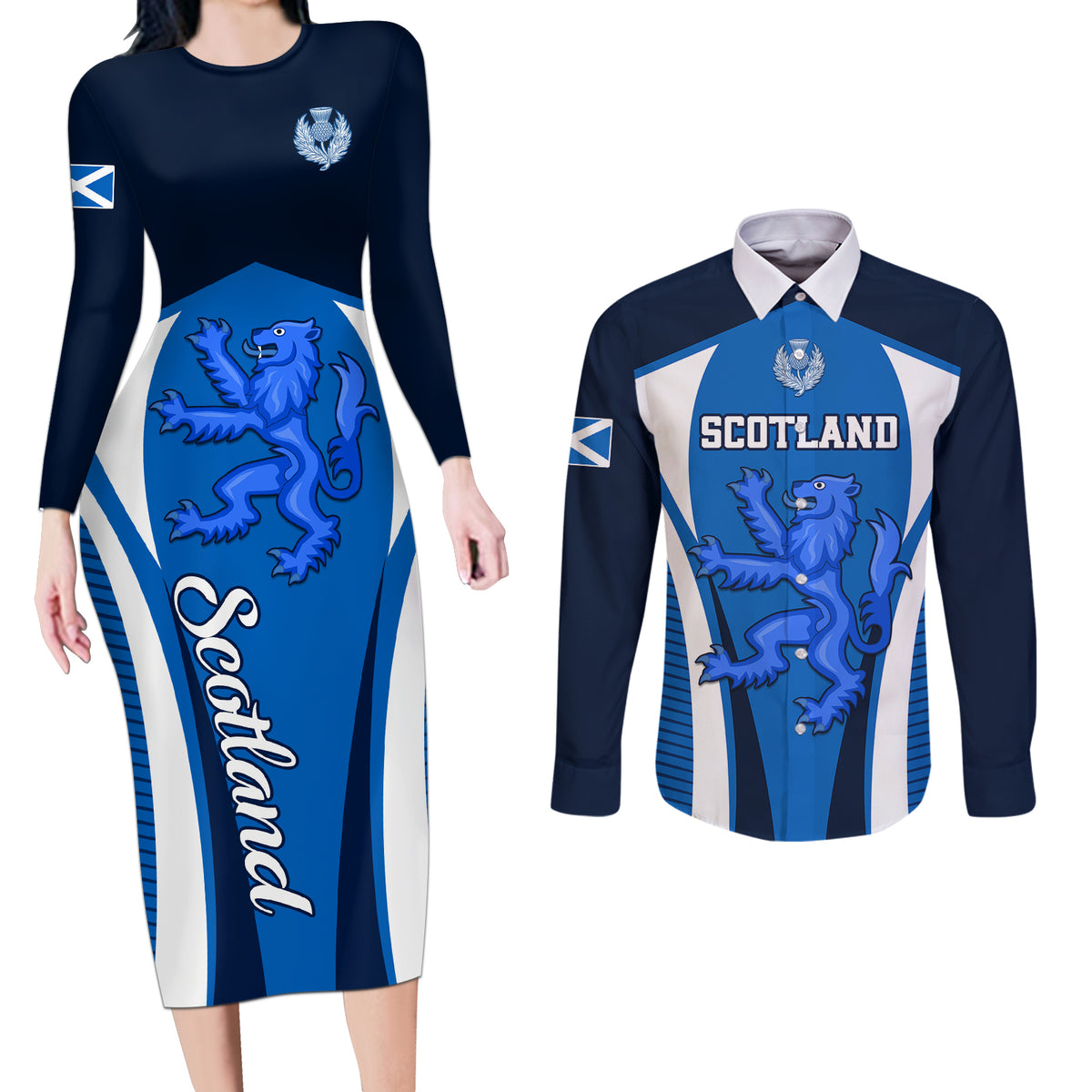 Scotland Rugby Couples Matching Long Sleeve Bodycon Dress and Long Sleeve Button Shirts Thistle With Scottish Lion - Wonder Print Shop