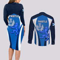 Scotland Rugby Couples Matching Long Sleeve Bodycon Dress and Long Sleeve Button Shirts Thistle With Scottish Lion - Wonder Print Shop