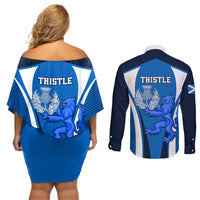 Scotland Rugby Couples Matching Off Shoulder Short Dress and Long Sleeve Button Shirts Thistle With Scottish Lion - Wonder Print Shop