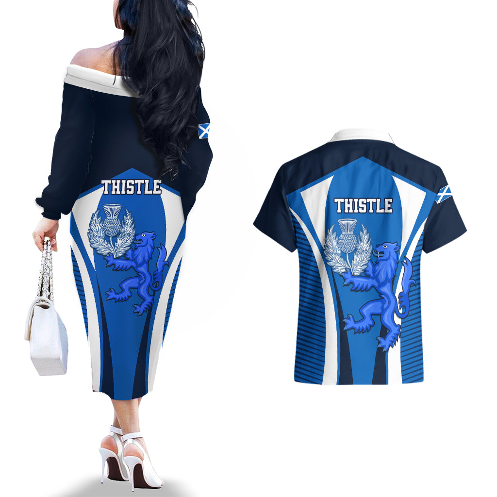 Scotland Rugby Couples Matching Off The Shoulder Long Sleeve Dress and Hawaiian Shirt Thistle With Scottish Lion - Wonder Print Shop