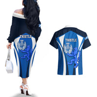 Scotland Rugby Couples Matching Off The Shoulder Long Sleeve Dress and Hawaiian Shirt Thistle With Scottish Lion - Wonder Print Shop