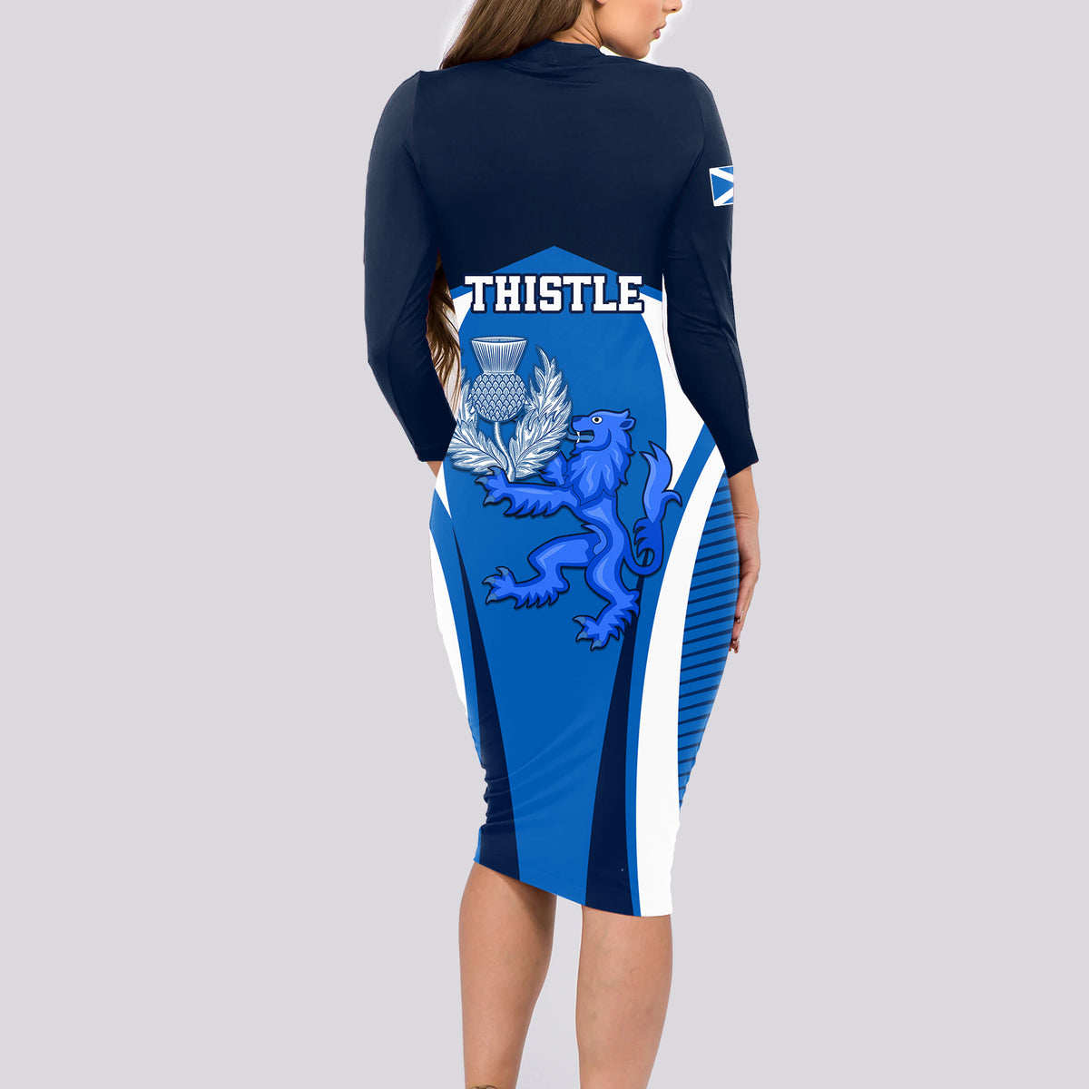 Scotland Rugby Long Sleeve Bodycon Dress Thistle With Scottish Lion - Wonder Print Shop
