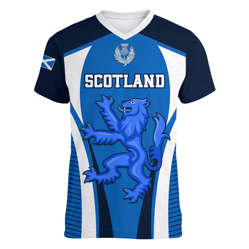 Scotland Rugby Women V Neck T Shirt Thistle With Scottish Lion - Wonder Print Shop