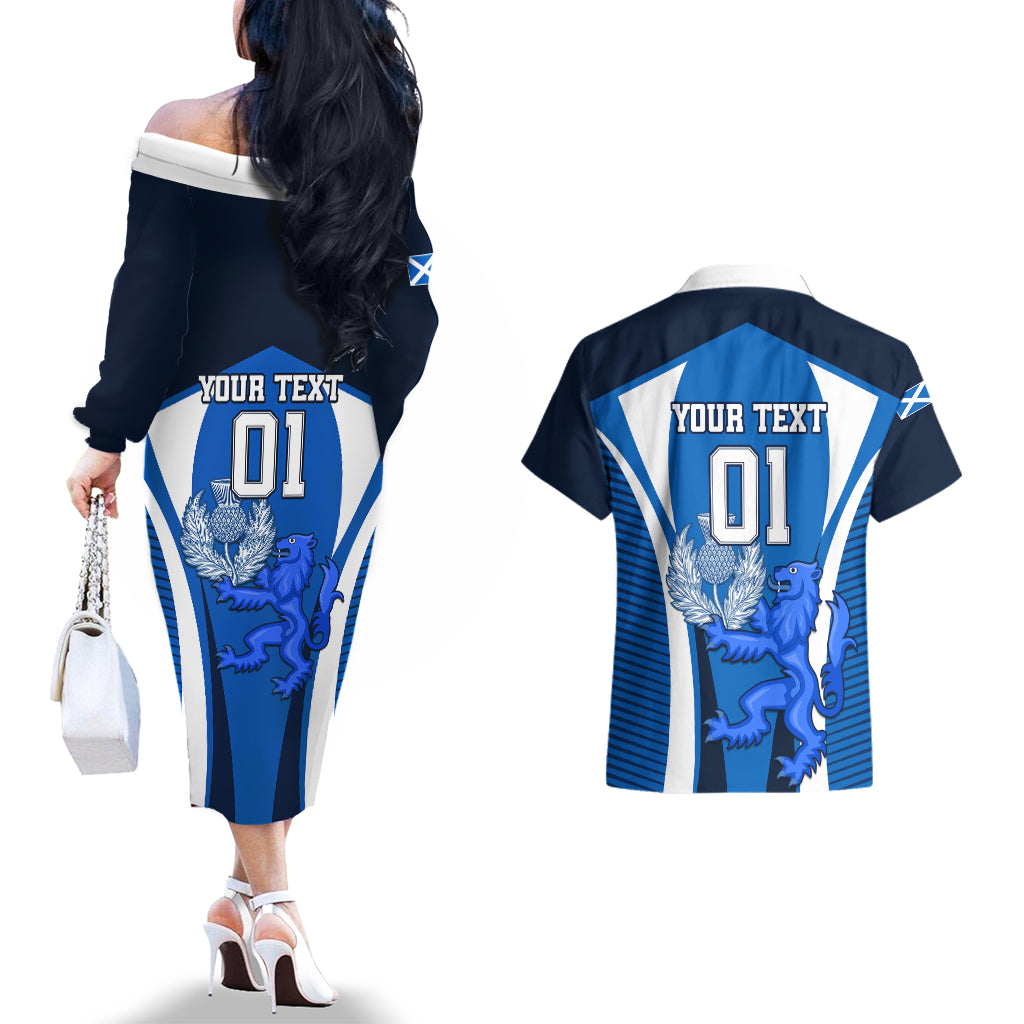 Custom Scotland Rugby Couples Matching Off The Shoulder Long Sleeve Dress and Hawaiian Shirt Thistle With Scottish Lion - Wonder Print Shop