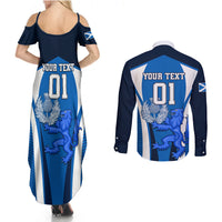 Custom Scotland Rugby Couples Matching Summer Maxi Dress and Long Sleeve Button Shirts Thistle With Scottish Lion - Wonder Print Shop