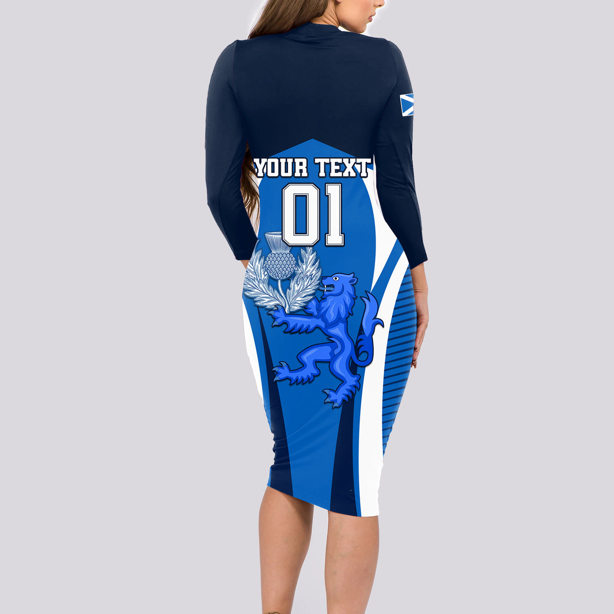 Custom Scotland Rugby Long Sleeve Bodycon Dress Thistle With Scottish Lion - Wonder Print Shop