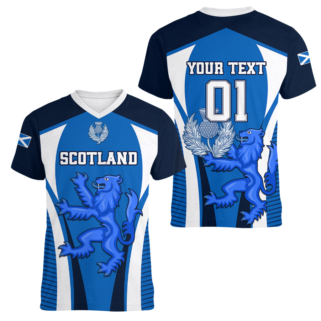 Custom Scotland Rugby Women V Neck T Shirt Thistle With Scottish Lion - Wonder Print Shop