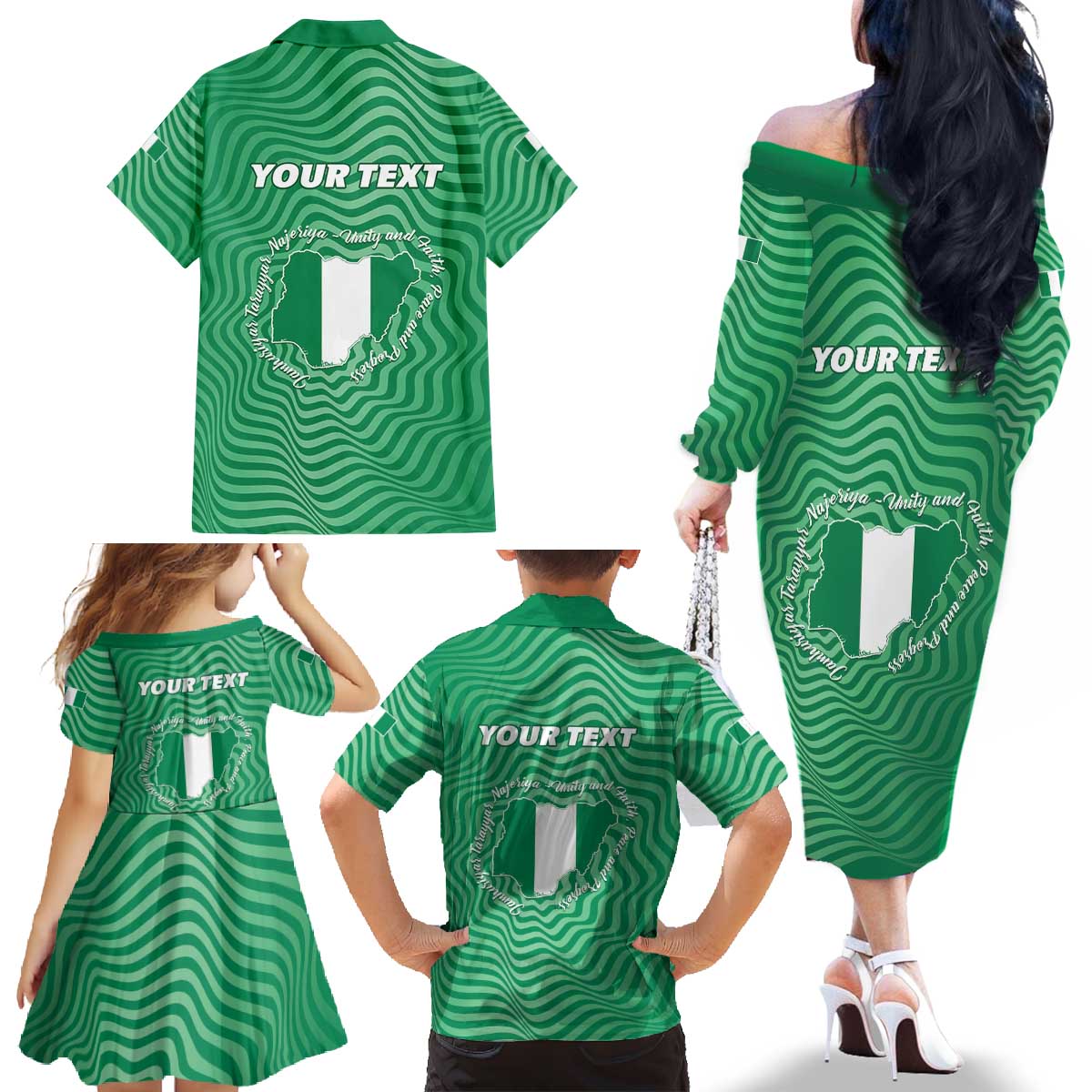 Personalized Nigeria Family Matching Off The Shoulder Long Sleeve Dress and Hawaiian Shirt Jamhuriyar Tarayyar Najeriya - Wonder Print Shop