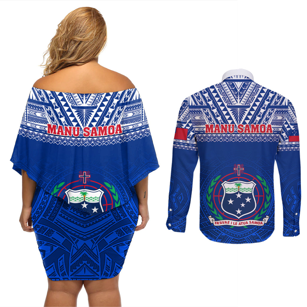 Samoa Rugby Couples Matching Off Shoulder Short Dress and Long Sleeve Button Shirts Manu Samoa Polynesian Tatoo Pattern - Wonder Print Shop