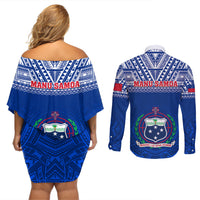 Samoa Rugby Couples Matching Off Shoulder Short Dress and Long Sleeve Button Shirts Manu Samoa Polynesian Tatoo Pattern - Wonder Print Shop