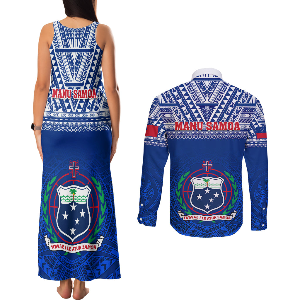 Samoa Rugby Couples Matching Tank Maxi Dress and Long Sleeve Button Shirts Manu Samoa Polynesian Tatoo Pattern - Wonder Print Shop