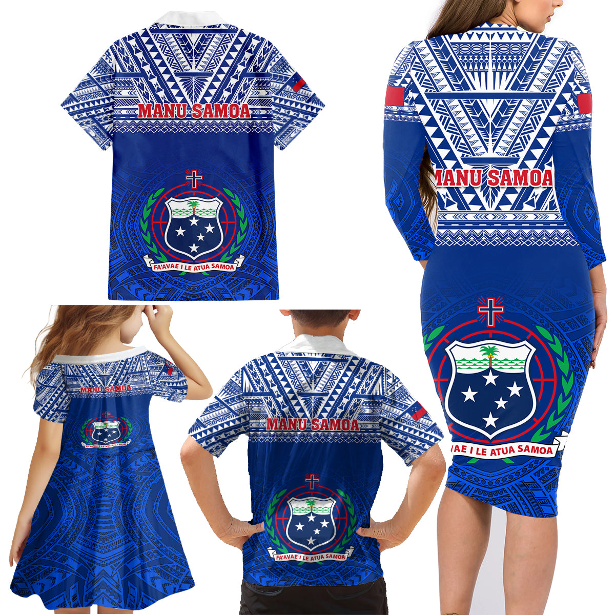 Samoa Rugby Family Matching Long Sleeve Bodycon Dress and Hawaiian Shirt Manu Samoa Polynesian Tatoo Pattern - Wonder Print Shop