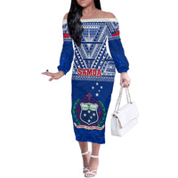 Samoa Rugby Family Matching Off Shoulder Long Sleeve Dress and Hawaiian Shirt Manu Samoa Polynesian Tatoo Pattern - Wonder Print Shop