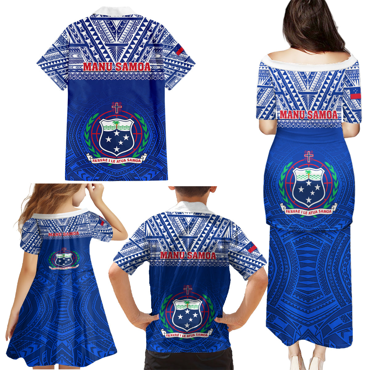 Samoa Rugby Family Matching Puletasi Dress and Hawaiian Shirt Manu Samoa Polynesian Tatoo Pattern - Wonder Print Shop