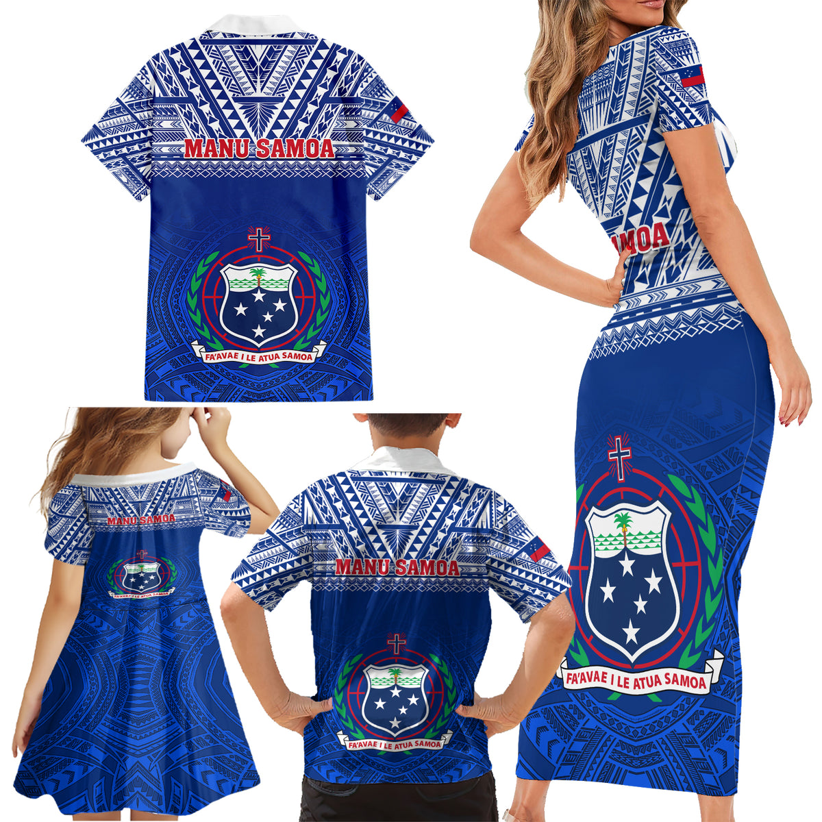 Samoa Rugby Family Matching Short Sleeve Bodycon Dress and Hawaiian Shirt Manu Samoa Polynesian Tatoo Pattern - Wonder Print Shop
