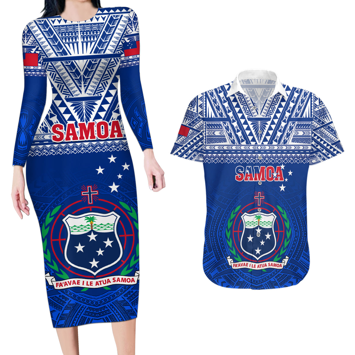 Custom Samoa Rugby Couples Matching Long Sleeve Bodycon Dress and Hawaiian Shirt Manu Samoa Polynesian Tatoo Pattern - Wonder Print Shop